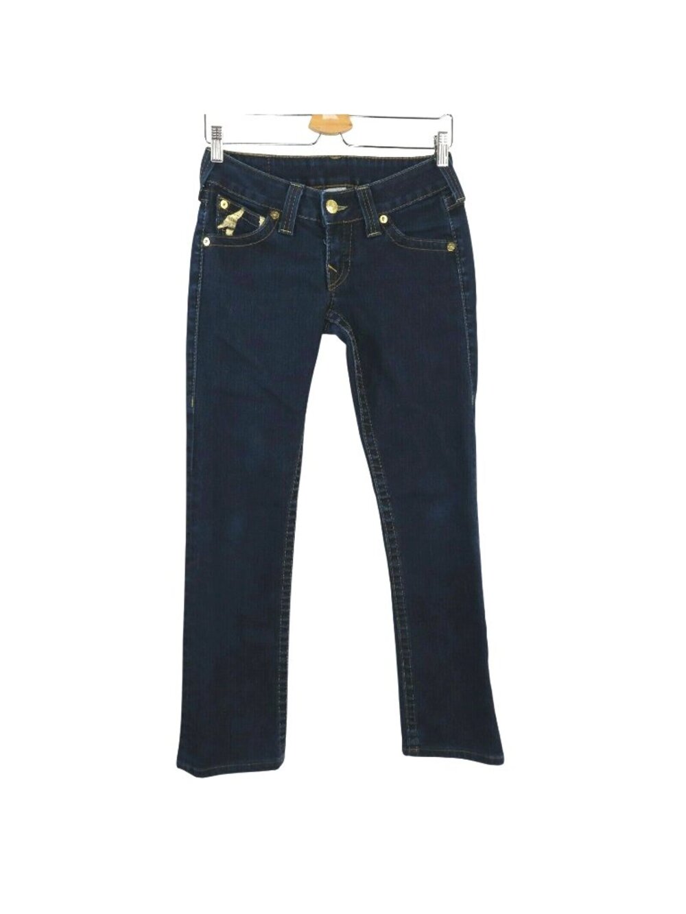 True Religion Womens 27 Billy Dark Wash Blue Metallic Painted Gold Denim Jeans